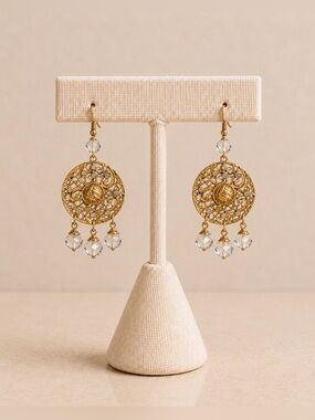Vintage Gold Tone Filigree Disc Dangle Earrings with Crystal Beads Boho Statemen